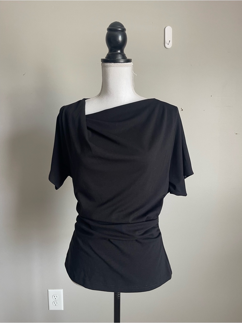 OGL | Black Asymmetrical Cowl Neck Ruched Top Sz L - Picture 2 of 10